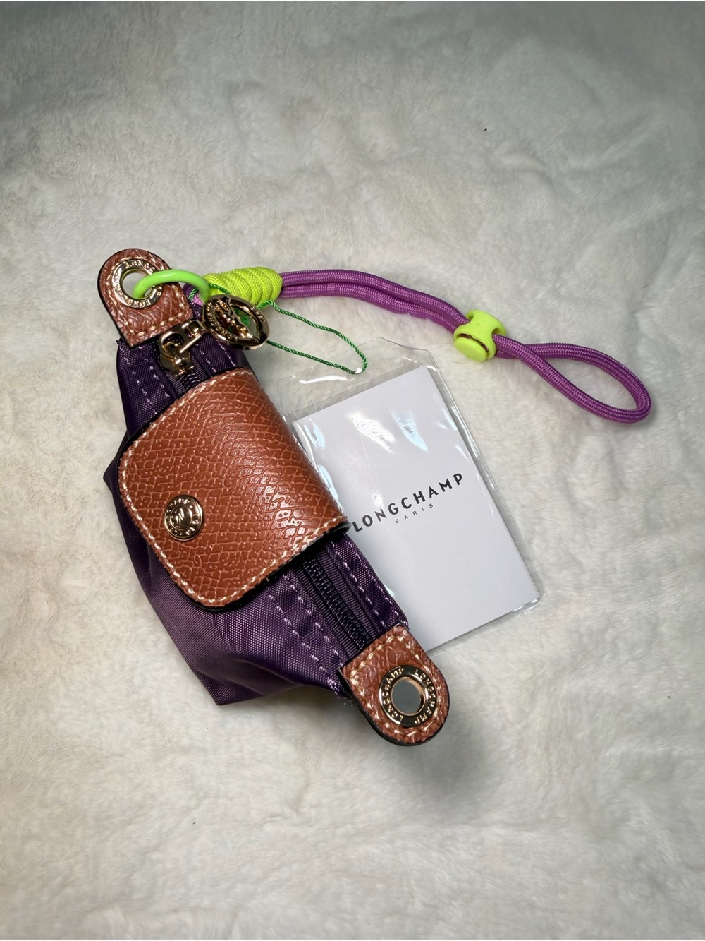 Longc Purple Nylon Key Pouch with Neon Cord and Brown Leather Trim